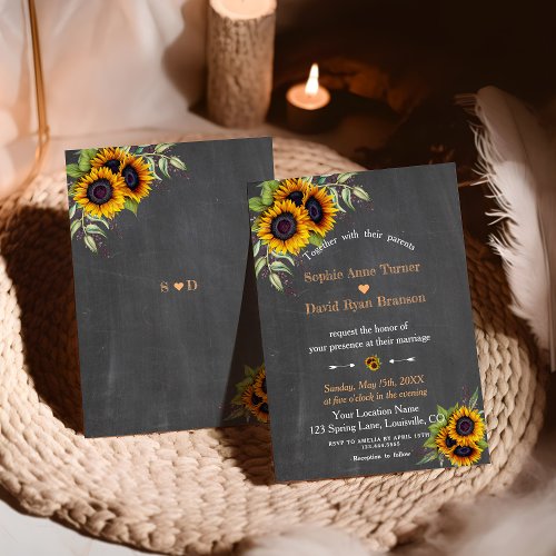 Charm Watercolour Sunflowers Chalkboard Wedding Invitation