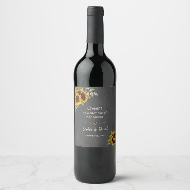Charm Watercolour Sunflowers Chalkboard Wedding Wine Label (Front)