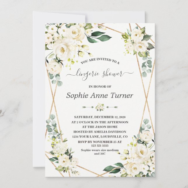 Charm Watercolour White Floral Gold Bridal Shower Invitation (Front)