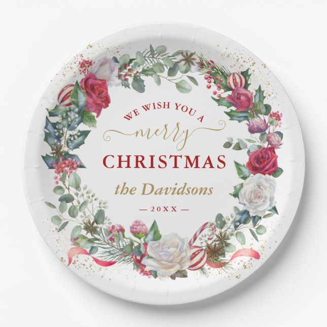 Charm We Wish You A Merry Christmas Wreath Paper Plates (Front)