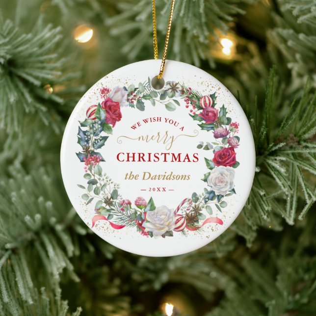 Charm We Wish You A Merry Christmas Wreath Wedding Ceramic Ornament (Tree)