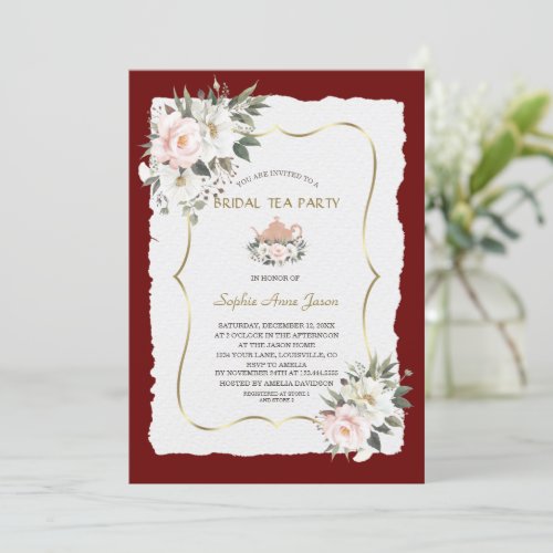 Charm White Blush Floral Gold Bridal Tea Party Invitation