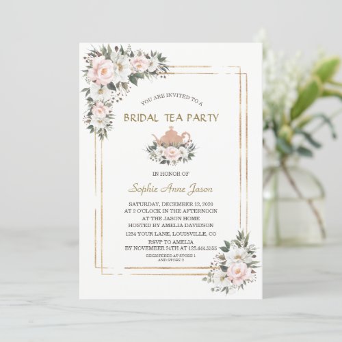 Charm White Blush Flowers Gold Bridal Tea Party  I Invitation