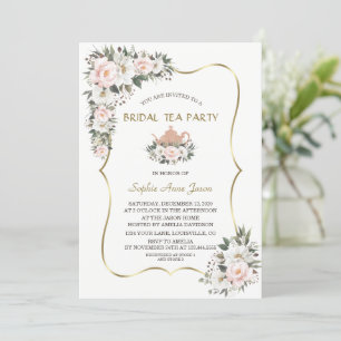 Charm White Blush Flowers Gold Bridal Tea Party Invitation