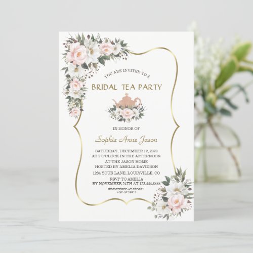 Charm White Blush Flowers Gold Bridal Tea Party  Invitation