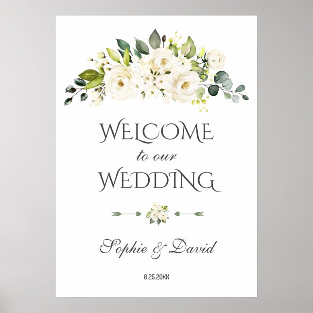 Charm White Cream Floral Welcome Wedding Sign (Front)