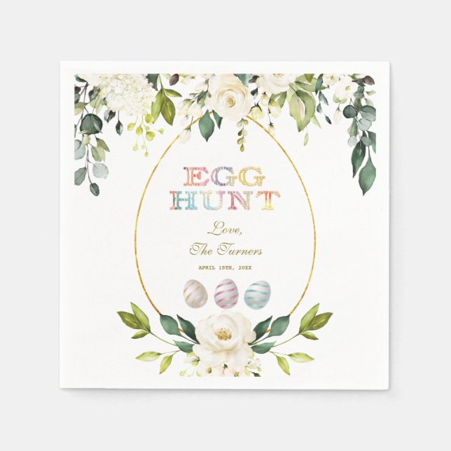 Charm White Cream Flowers Egg Hunt Gold Easter Napkins (Front)