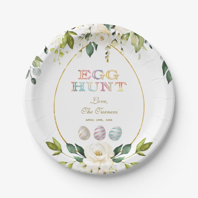 Charm White Cream Flowers Egg Hunt Gold Easter Paper Plates (Front)