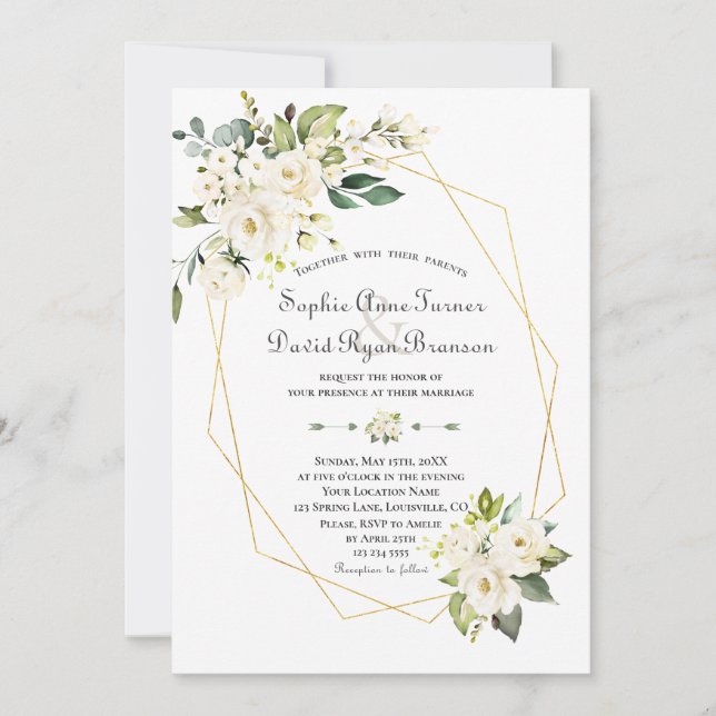 Charm White Cream Flowers Gold Frame Wedding Invitation (Front)