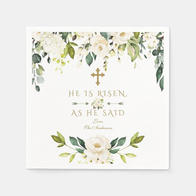 Charm White Cream Flowers He Is Risen Gold Easter Napkins (Front)