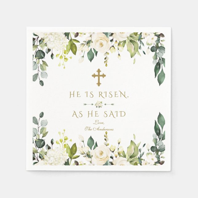 Charm White Cream Flowers He Is Risen Gold Easter Napkins (Front)
