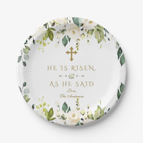 Charm White Cream Flowers He Is Risen Gold Easter Paper Plates