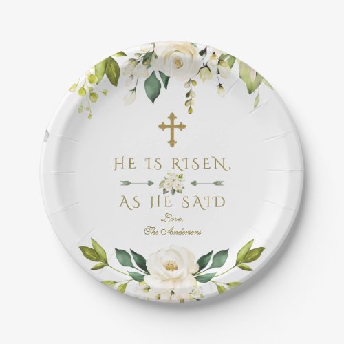 Charm White Cream Flowers He Is Risen Gold Easter Paper Plates