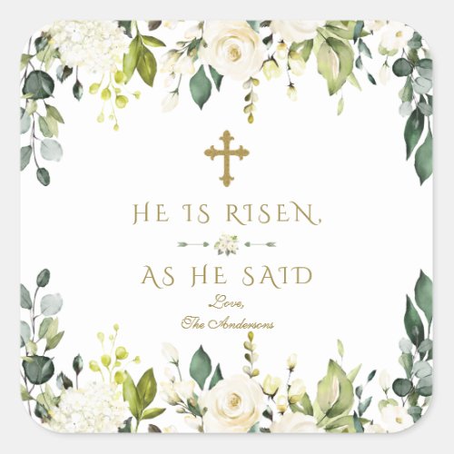 Charm White Cream Flowers He Is Risen Gold Easter Square Sticker