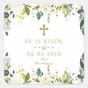Charm White Cream Flowers He Is Risen Gold Easter Square Sticker