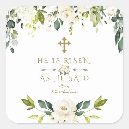 Charm White Cream Flowers He Is Risen Gold Easter Square Sticker