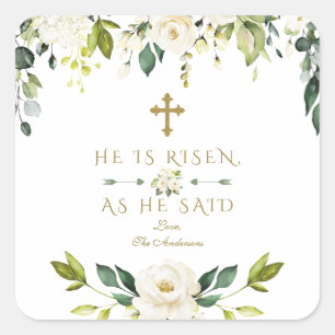 Charm White Cream Flowers He Is Risen Gold Easter Square Sticker