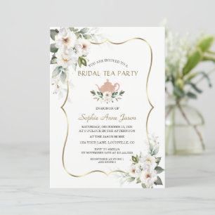 Charm White Floral Gold Bridal Shower Tea Party Invitation