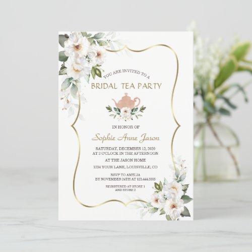 Charm White Floral Gold Bridal Shower Tea Party  Invitation