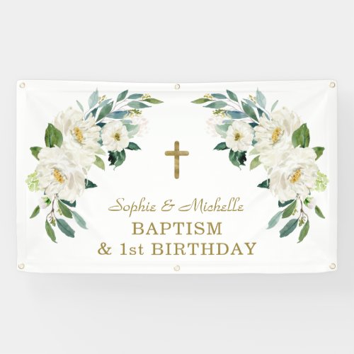 Charm White Floral Gold Cross Baptism Welcome Sign