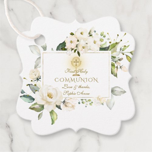 Charm White Floral Gold Cross Holy Communion Favor Tags