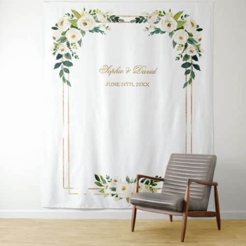 Charm White Floral Gold Frame Photo Booth Backdrop