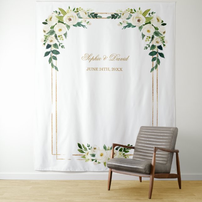 Charm White Floral Gold Frame Photo Booth Backdrop (In Situ)