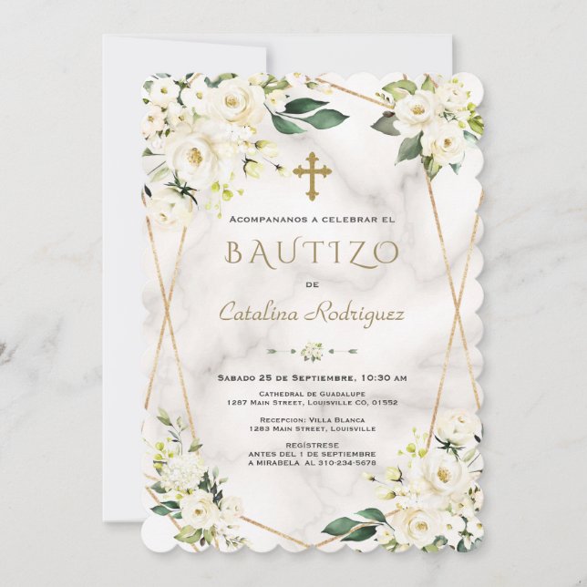 Charm White Floral Spanish Invitacion De Bautizo Invitation (Front)