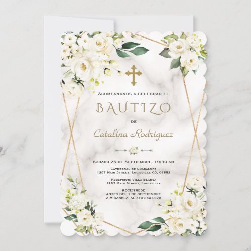 Charm White Floral Spanish Invitacion De Bautizo Invitation