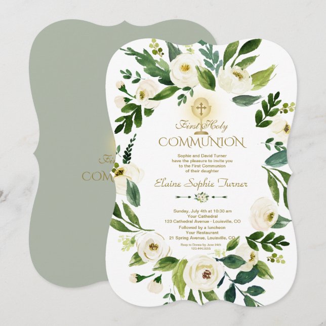 Charm White Floral Wreath Cross Holy Communion Invitation (Front/Back)