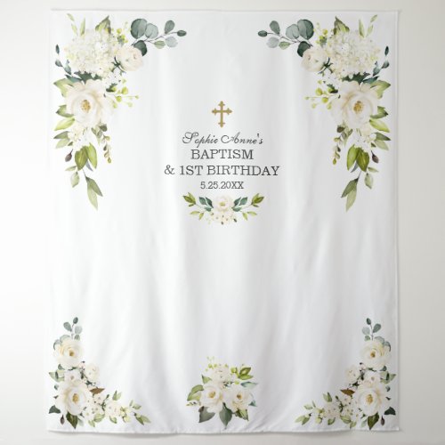 Charm White Flowers 1st Birthday Baptism Prop Tapestry