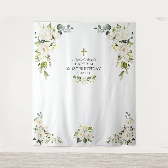 Charm White Flowers 1st Birthday Baptism Prop Tapestry (Front)