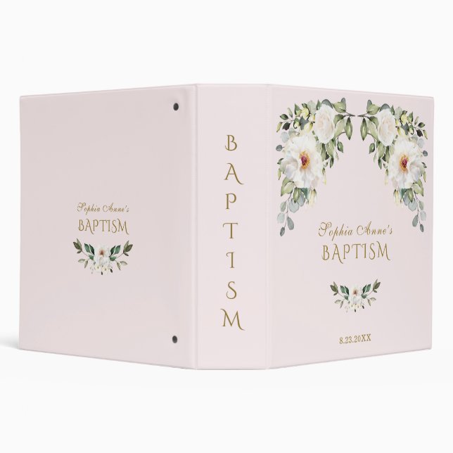 Charm White Flowers Baptism Photo Album 3 Ring Binder (Background)