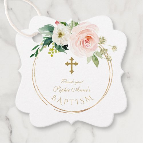 Charm White Flowers Bloom Gold Cross Baptism Favor Tags