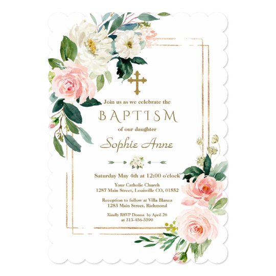 Charm White Flowers Bloom Gold Cross Baptism Invitation Zazzle Com