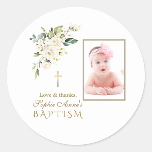 Charm White Flowers Girl Photo Baptism  Classic Round Sticker