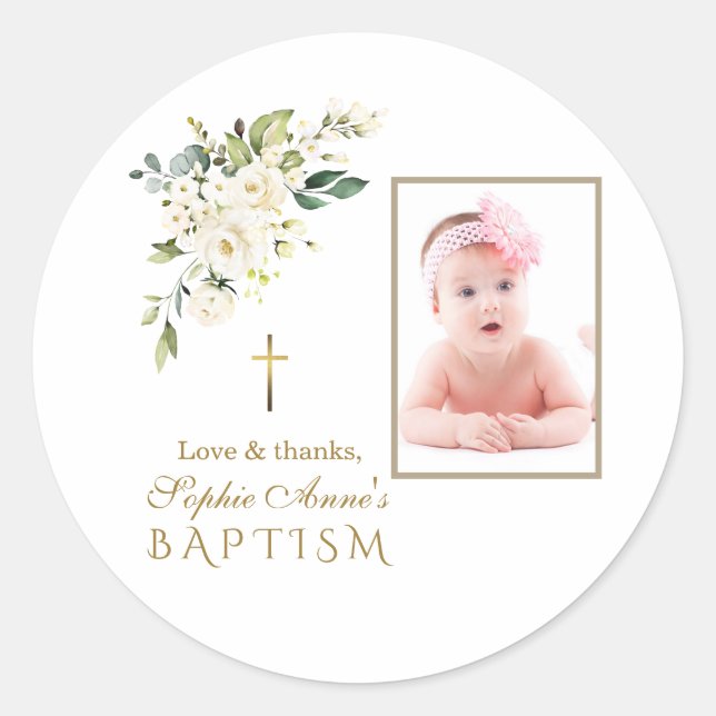 Charm White Flowers Girl Photo Baptism  Classic Round Sticker (Front)