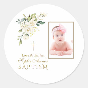Charm White Flowers Girl Photo Baptism Classic Round Sticker