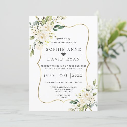 Charm White Flowers Gold All In One Wedding  Invitation