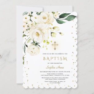Charm White Flowers Gold Cross Girl Baptism Invitation