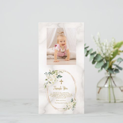 Charm White Flowers Gold Cross Photo Christening   Thank You Card