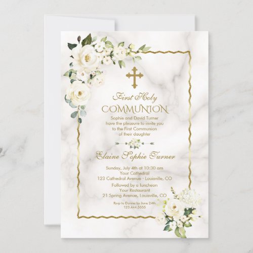 Charm White Flowers Gold First Holy Communion Invitation