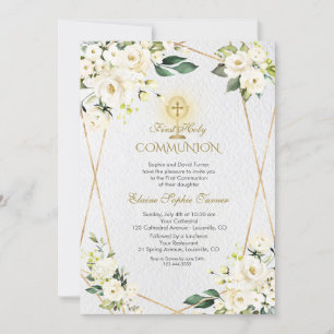Charm White Flowers Gold First Holy Communion Invitation