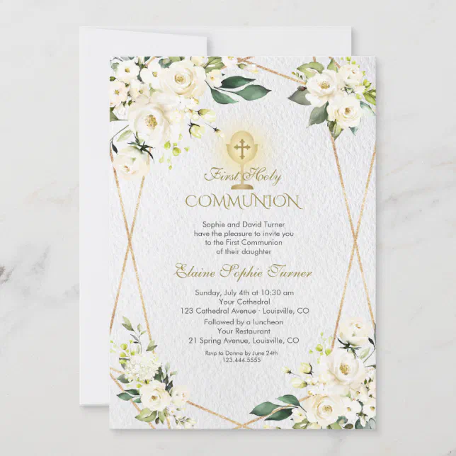Charm White Flowers Gold First Holy Communion Invitation | Zazzle