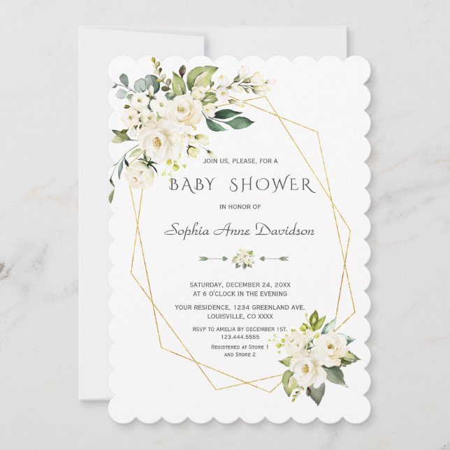 Charm White Flowers Gold Frame Baby Shower Invitation (Front)