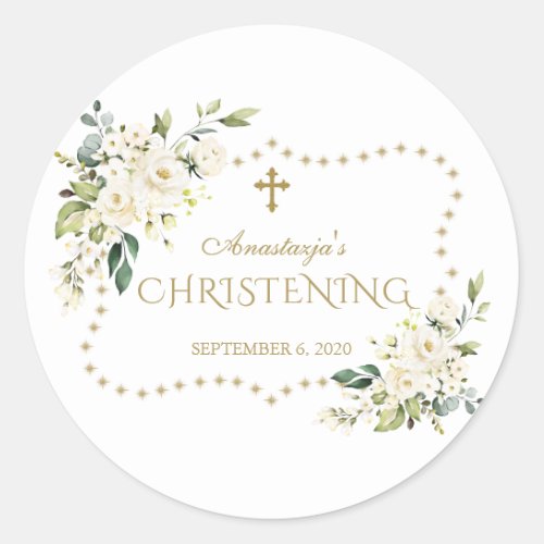 Charm White Flowers Gold Glitter Frame Christening Classic Round Sticker