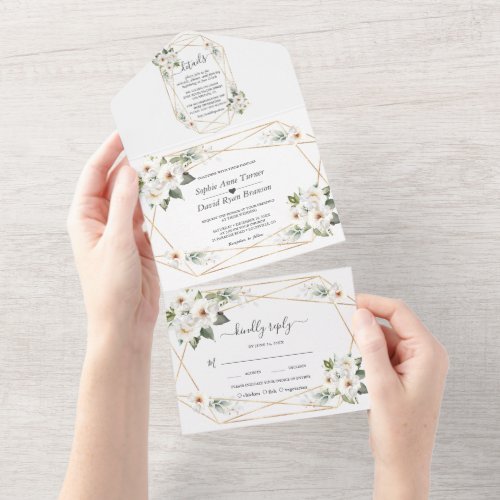 Charm White Flowers Gold Gold Frame Wedding  All In One Invitation