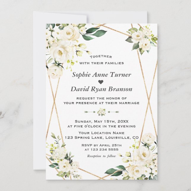 Charm White Flowers Gold Monogram Wedding Invitation (Front)