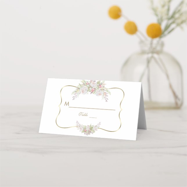 Charm White Flowers Gold Wedding Table Number Place Card (Front)