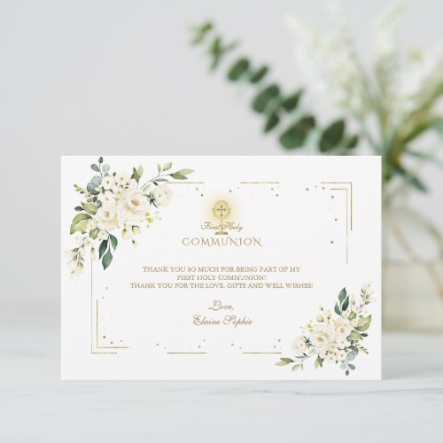 Charm White Flowers Golden Frame Holy Communion Thank You Card